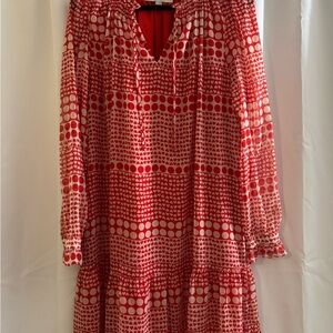 LOFT Red and White Geometric Long Sleeve Dress